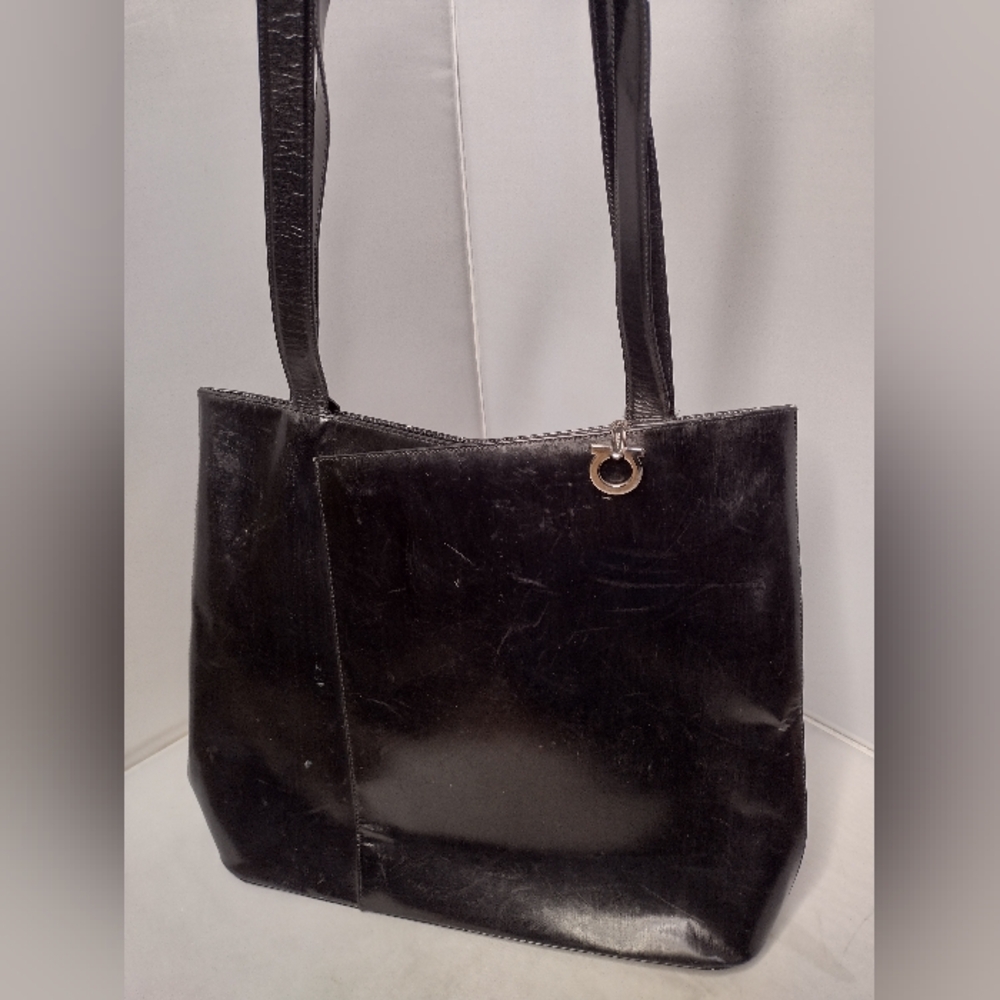 Vintage Salvatore Ferragamo Black Silver Hardware Tote Shoulder Bag Work
